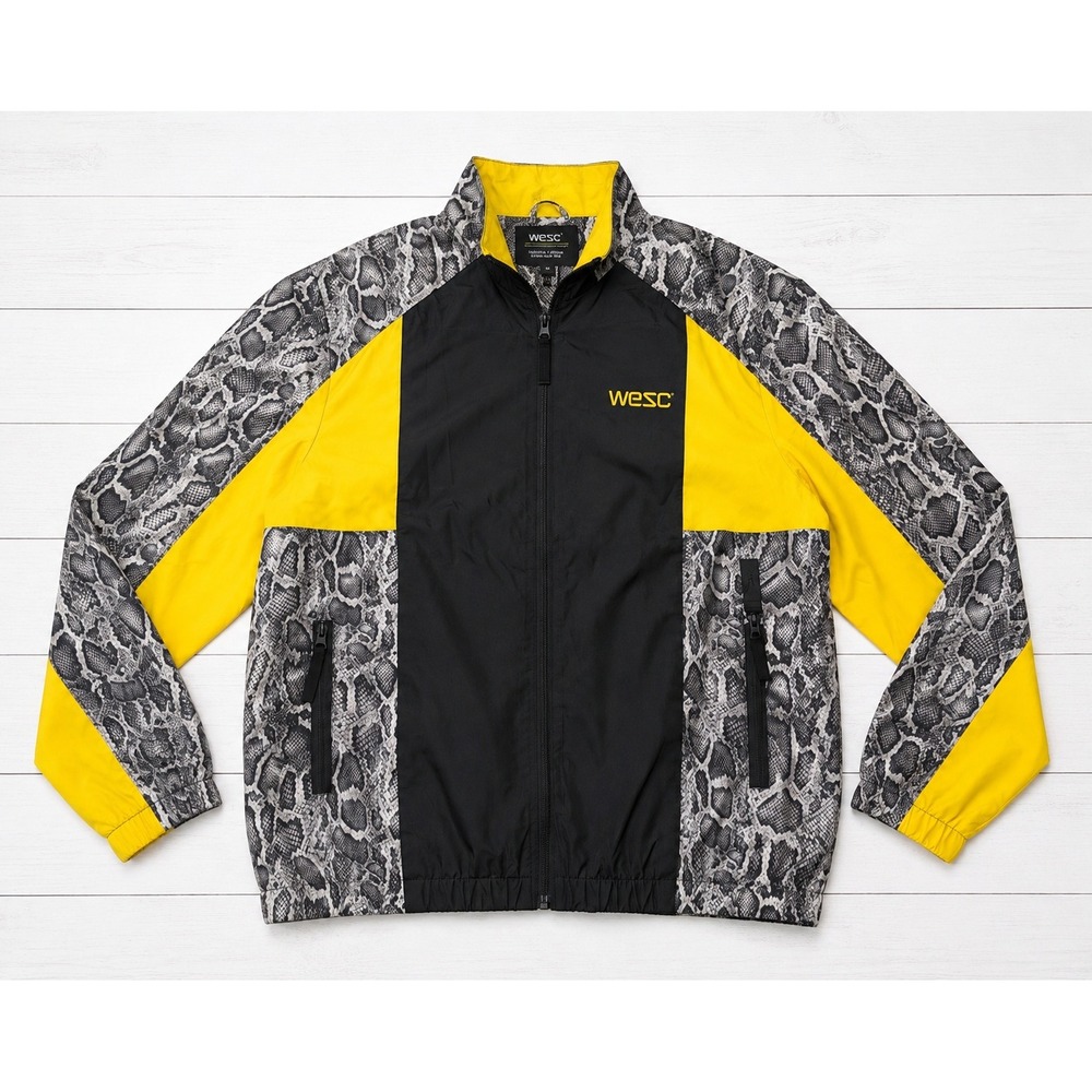 WeSC Mens Snake Print Windbreaker Jacket Yellow Black Grey Full Zip Size M NWT